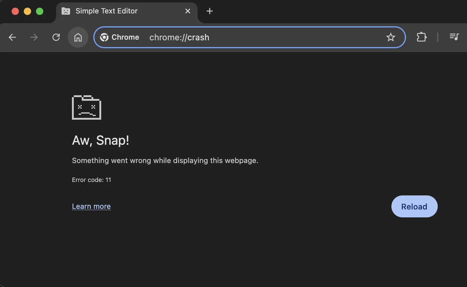 A Chrome tab that has crashed A Chrome tab that has crashed