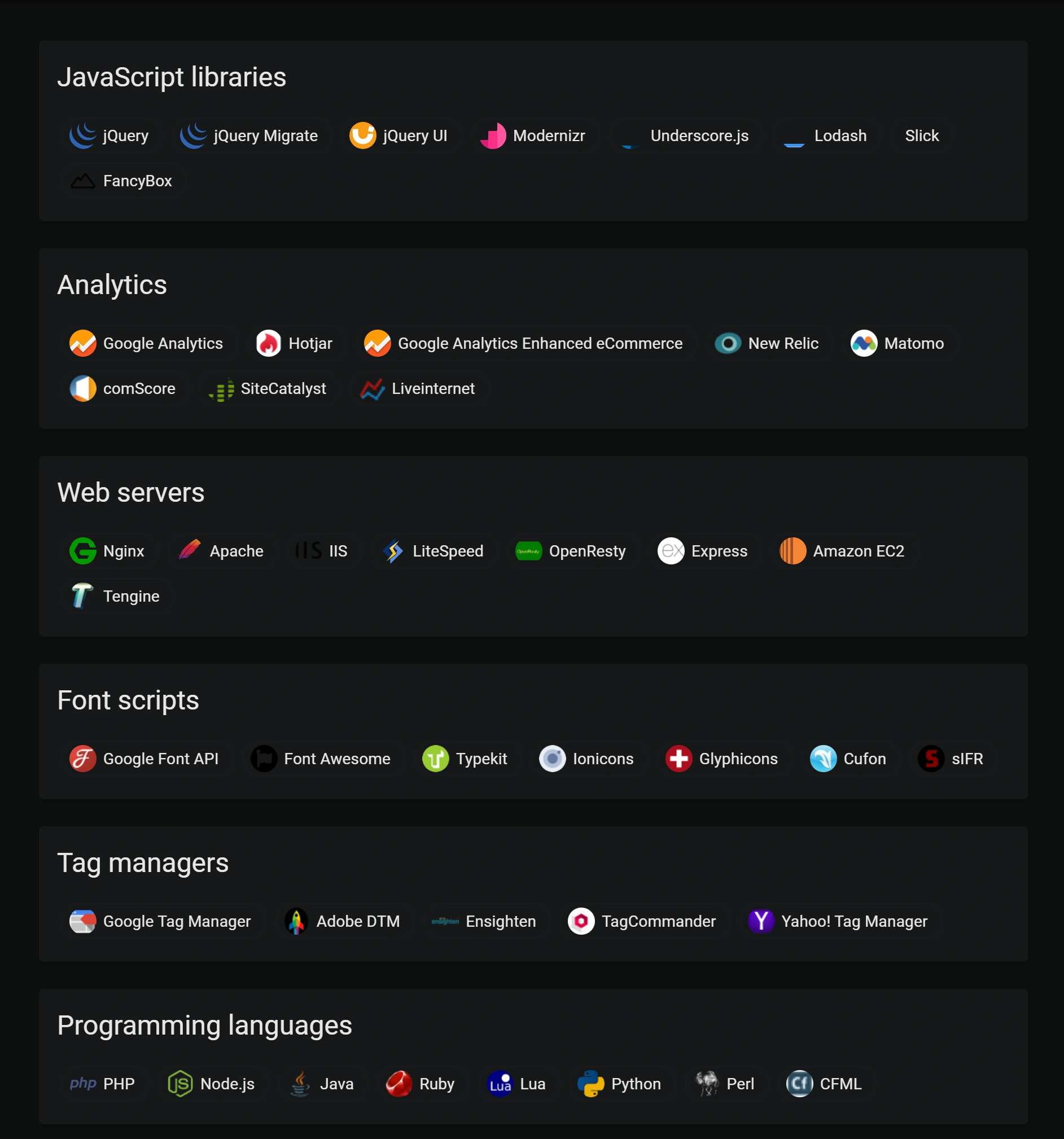 Web Tech Stats Technology categories